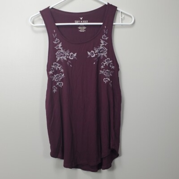 American Eagle Soft & Sexy Purple Tank Top with Floral Embroidery Detail | Small - Picture 2 of 6
